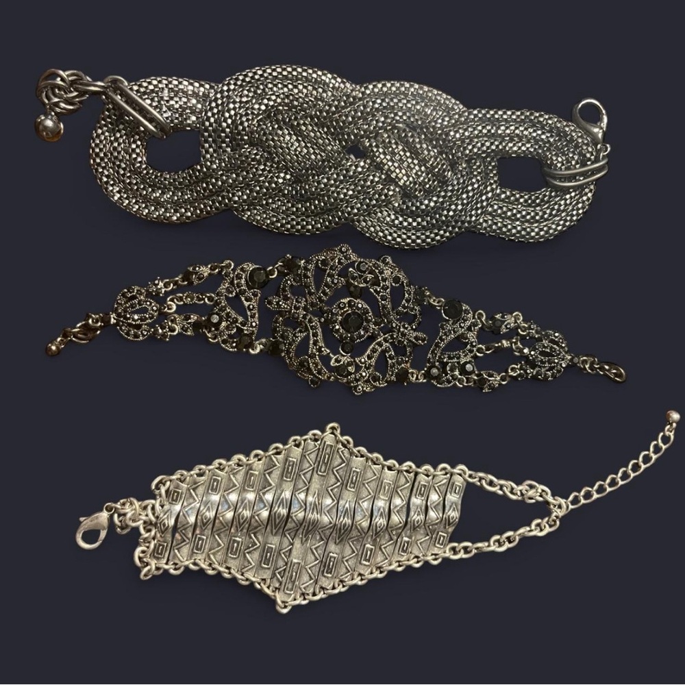 Silver Trio Bracelet Set Boho Mesh Knot Filigree & Geometric Stackable OS